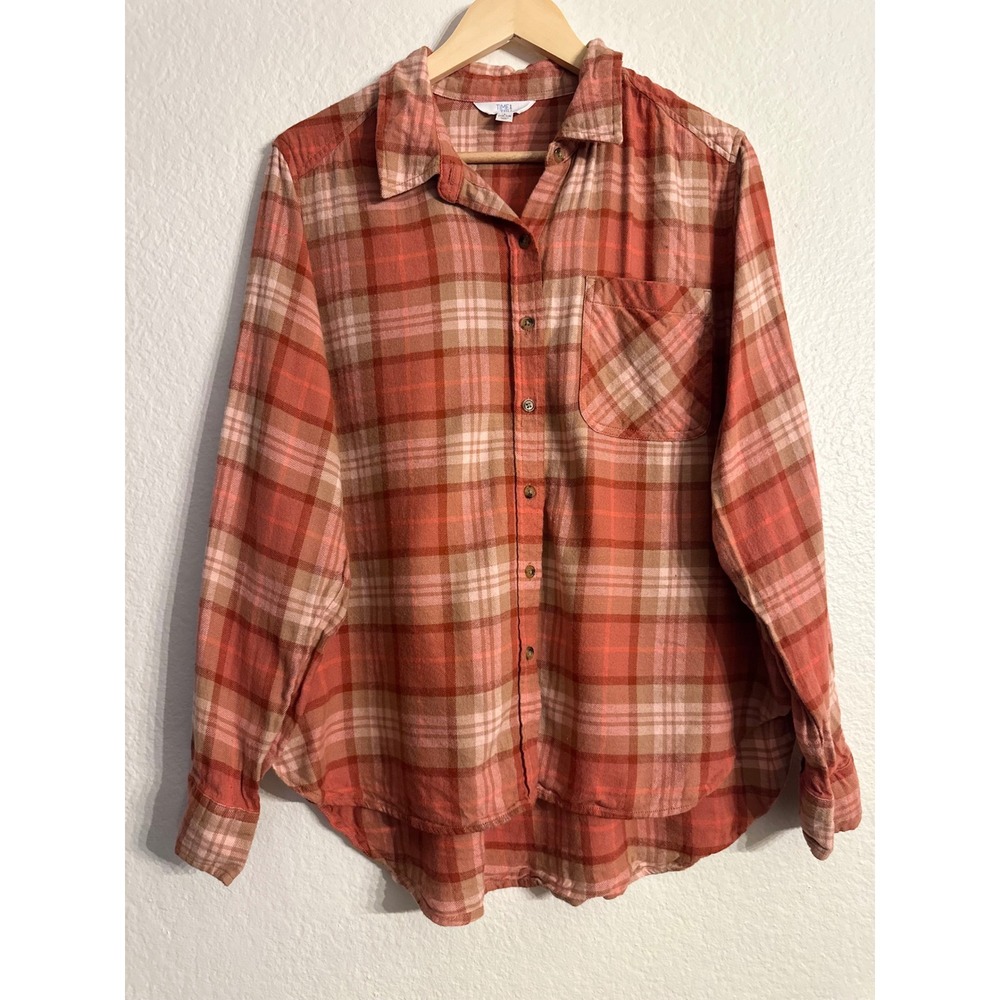 38.Time and Tru Plaid Flannel Shirt Womens L 12-14 Orange Terracotta Button Down